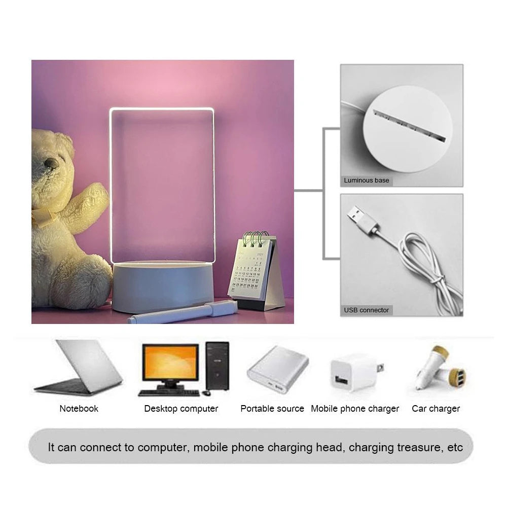 LED Acrylic Message Board Light | Erasable Write-On Calendar | Desk Decor Night Light | USB Powered