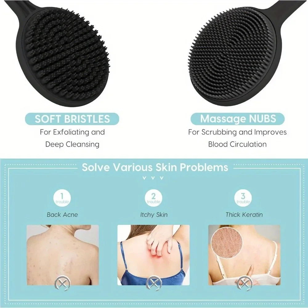 Silicone Back Scrubber Brush with Long Handle for Shower & Body Cleaning